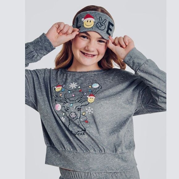 NWT Justice 3 Pcs Grey S(7-8) Long Sleeve Top, Jogger & Eyemask, Pajama Set - Picture 9 of 12